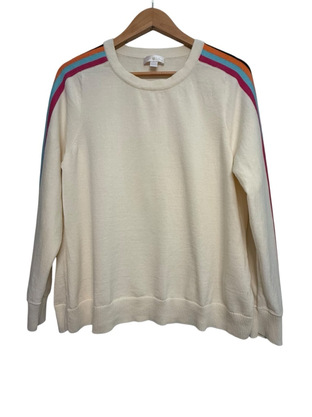 Belle by Kim Gravel Rainbow Stripe Sleeve Sweater L Ivory Preppy Coastal Chic